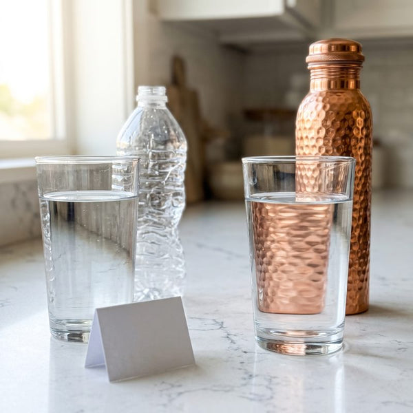Glas, Plastikflasche und Kupferflasche nebeneinander