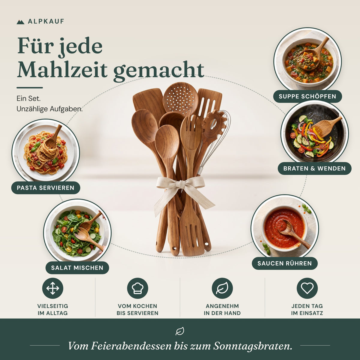 Für jede Mahlzeit: Suppe schöpfen, Pasta servieren, braten und wenden, Salat mischen, Saucen rühren