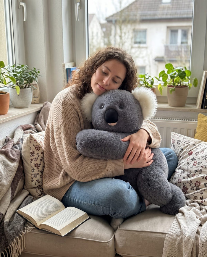 Junge Frau kuschelt sich mit dem Koala-Gewichtskuscheltier in die Leseecke