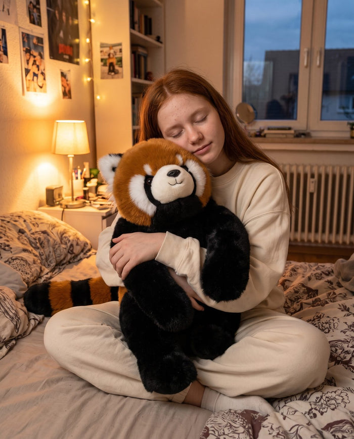 Teenagerin hält abends im Bett den Roten Panda im Arm