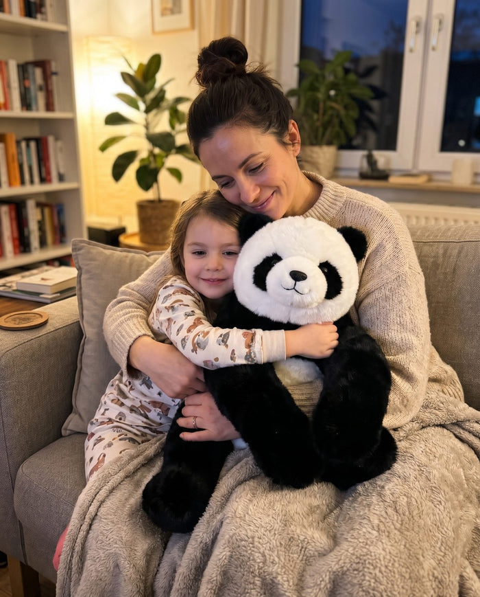 Mutter und Tochter kuscheln gemeinsam mit dem Panda-Gewichtskuscheltier