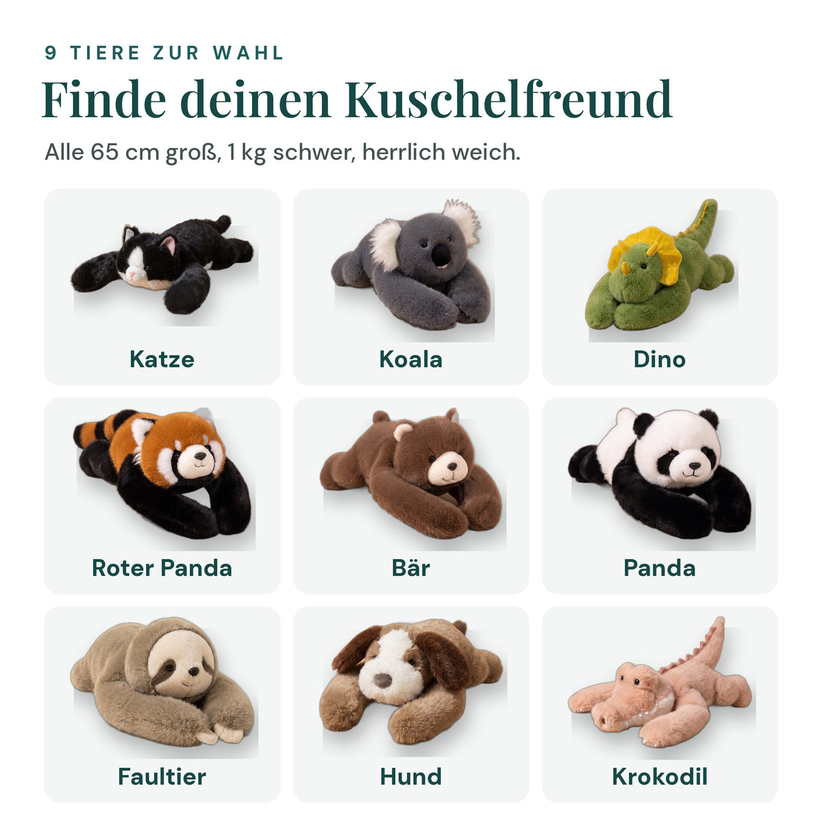 Alle 9 Gewichtskuscheltiere zur Auswahl