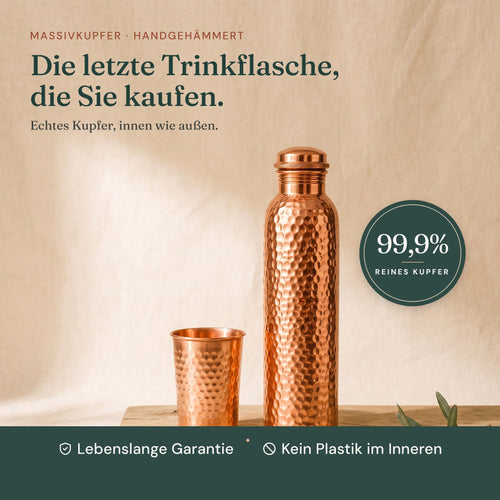 Kupfer-Trinkflasche mit Becher, 99,9% reines Kupfer, lebenslange Garantie, kein Plastik im Inneren