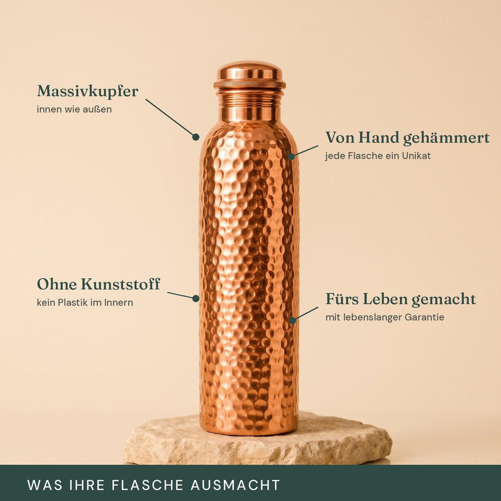 Merkmale der Kupferflasche: Massivkupfer, ohne Kunststoff, handgehämmert