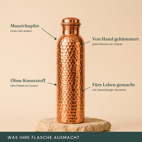 Merkmale der Kupferflasche: Massivkupfer, ohne Kunststoff, handgehämmert
