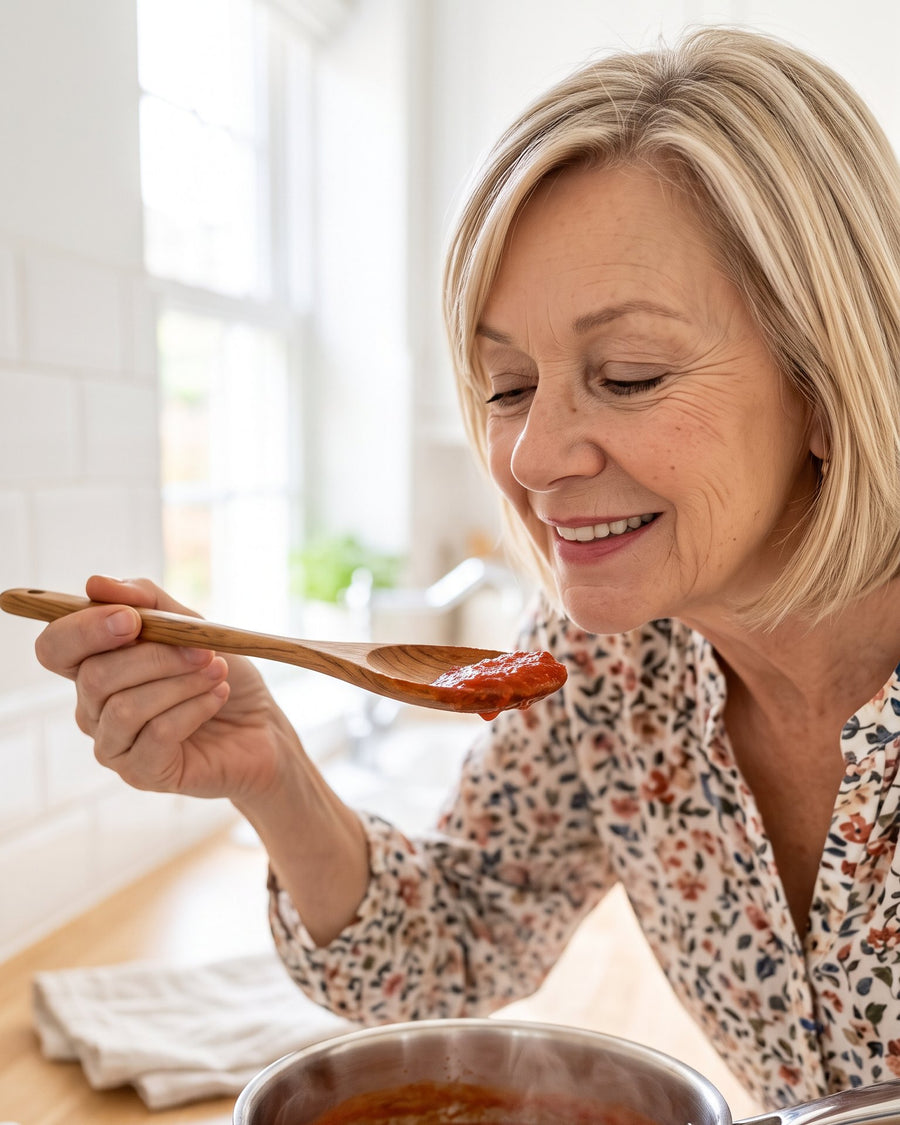 Frau schmeckt Tomatensauce mit einem Teak-Löffel ab