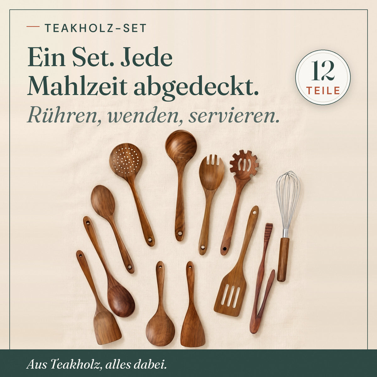 Teakholz Küchenhelfer Set, 12 Teile, alles dabei