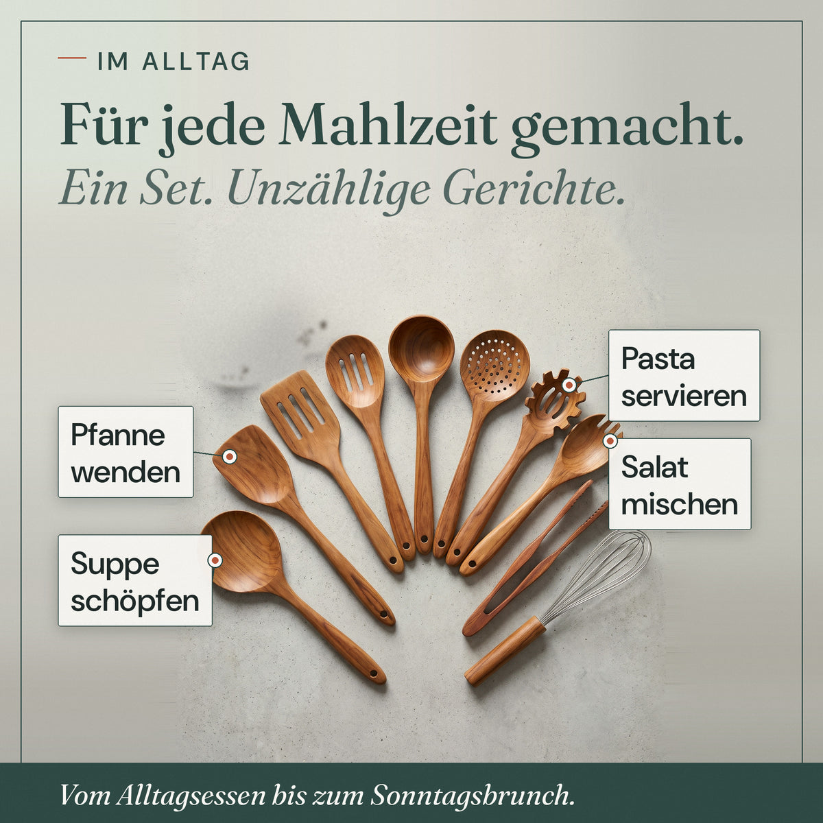 Teakholz Set im Alltag: Pfanne wenden, Pasta servieren, Salat mischen, Suppe schöpfen