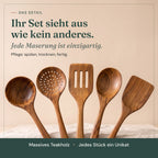 Fünf Küchenhelfer aus Teakholz nebeneinander, jede Maserung anders