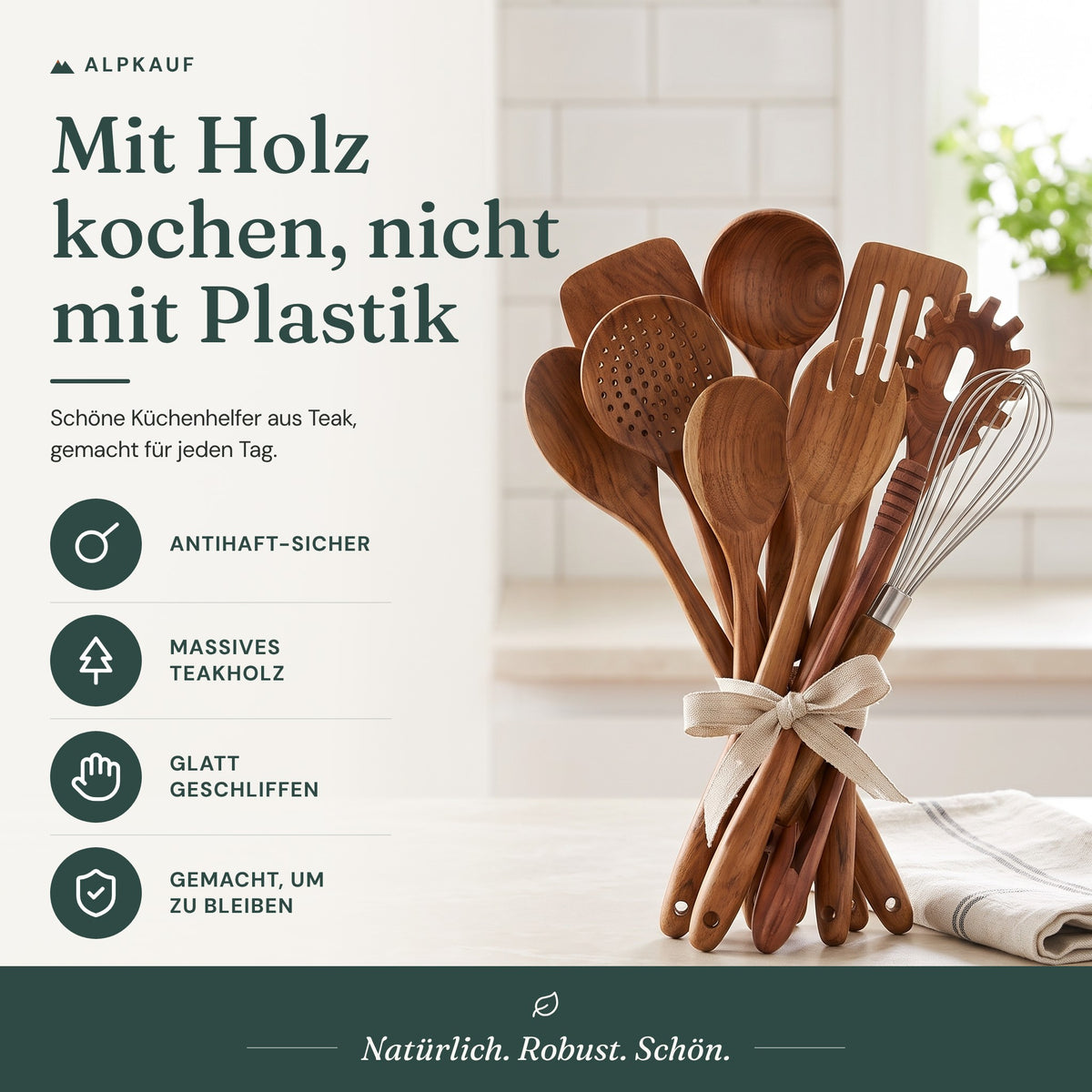Teakholz Küchenhelfer-Set, 12-teilig: antihaft-sicher, massives Teakholz, glatt geschliffen