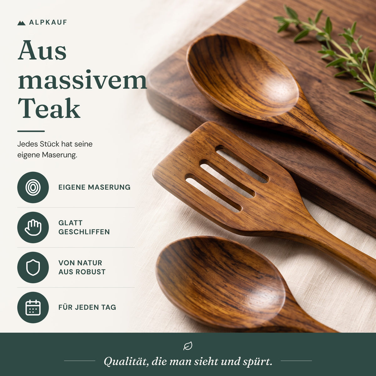 Massives Teakholz im Detail, jedes Stück mit eigener Maserung