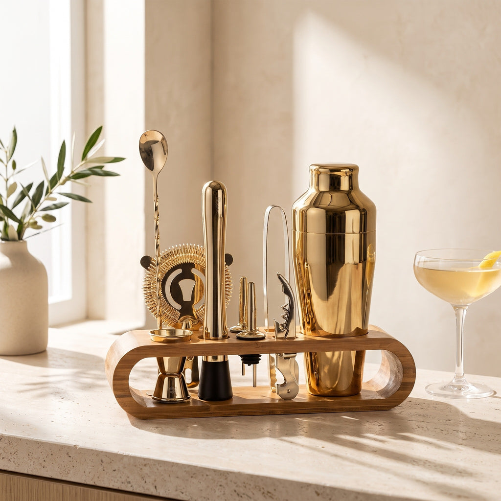 Cocktail-Set in Gold mit Shaker, Barsieb, Stössel und Barlöffel im Bambusständer auf heller Arbeitsfläche am Fenster, daneben ein Cocktailglas