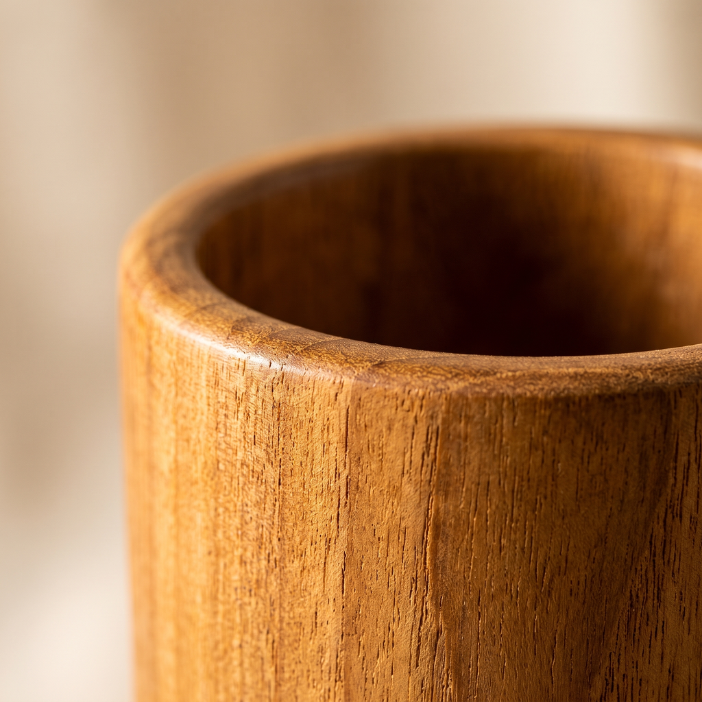 Maserung und glatter Rand des Teak-Halters im Detail
