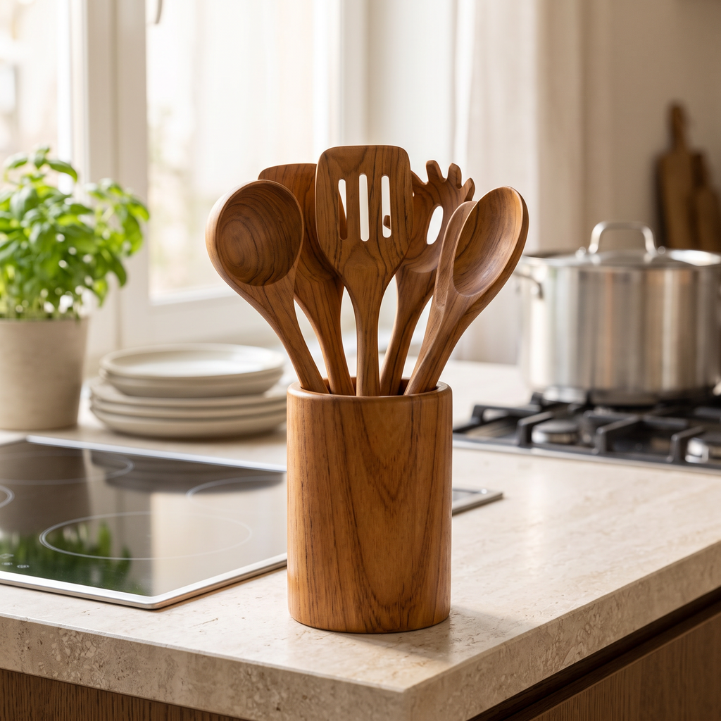 Teak-Halter gefüllt mit Teak-Küchenhelfern auf der Arbeitsfläche