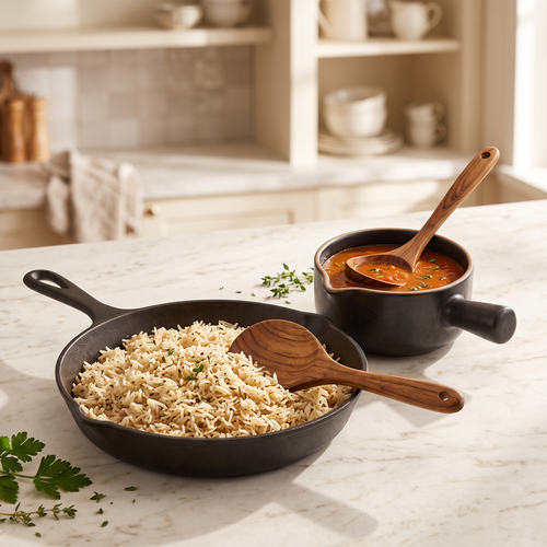 Teak-Reislöffel und Schöpfkelle beim Kochen