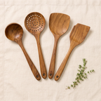 Teakholz Küchenhelfer-Set, 4-teilig: Schöpfkelle, Schaumlöffel, Pfannenwender, Bratspatel