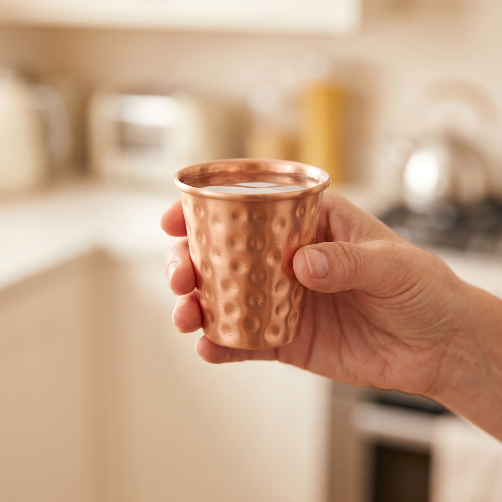 Kupferbecher mit Wasser in der Hand