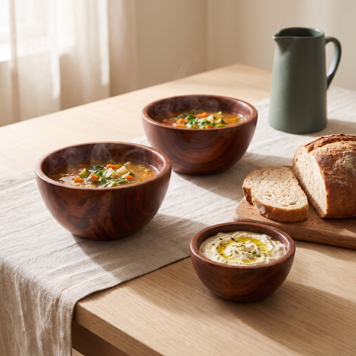 Zwei Jujube-Holzschalen mit Suppe und eine kleine Schale mit Dip auf einem Holztisch mit Brot und Leinenläufer