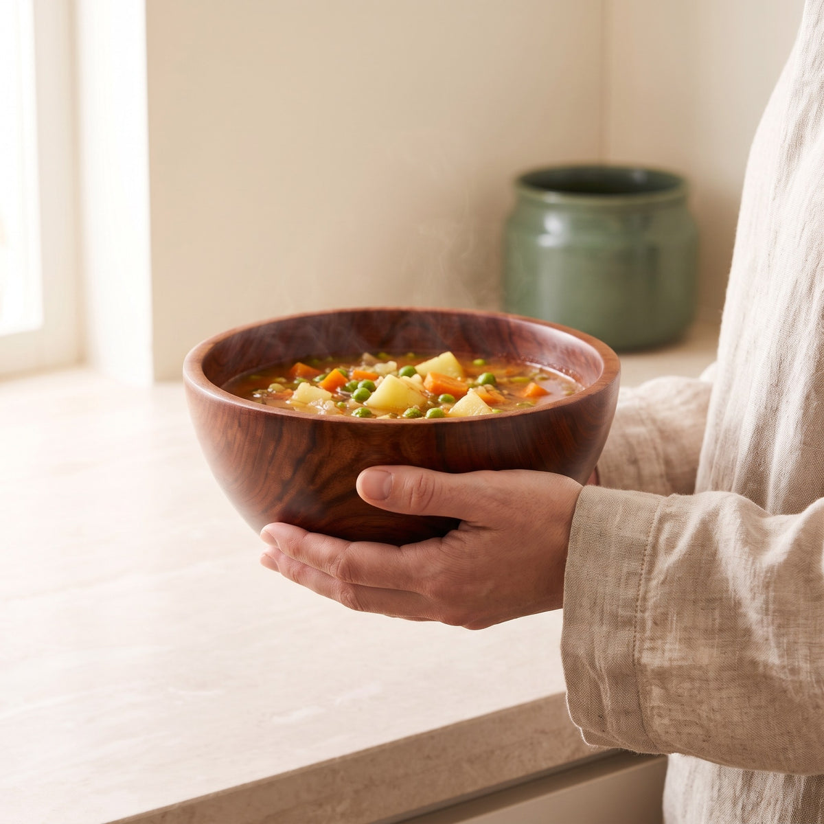 Hand hält eine Jujube-Holzschale mit Gemüsesuppe in der Küche
