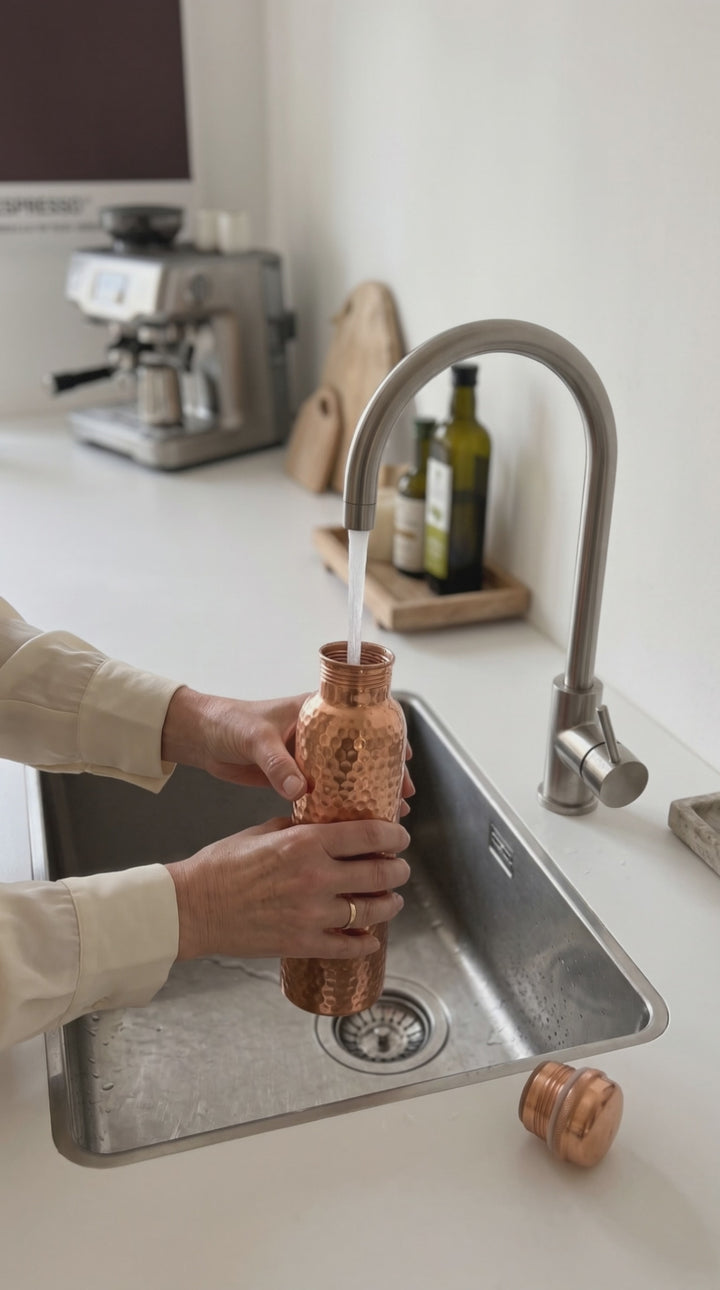 Kupfer-Trinkflasche wird an der Spüle mit Leitungswasser gefüllt