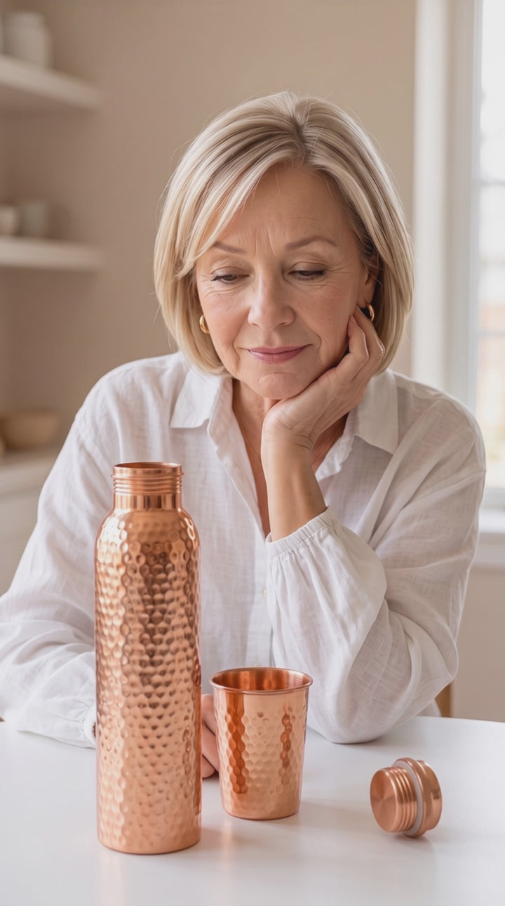 Frau am Tisch mit Kupfer-Trinkflasche, Becher und Deckel